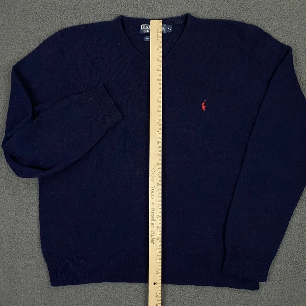 Vintage Polo Ralph Lauren Sweater Mens XL Blue Lambswool V-Neck Pullover Pony